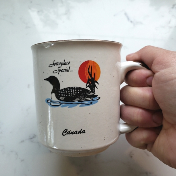 Vintage stoneware Canada loon sunset scenery mug tan brown speckled hand… - Picture 2 of 10